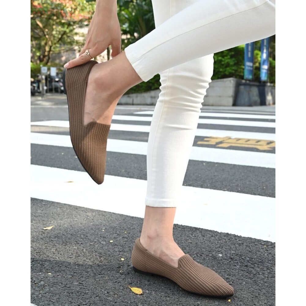 Brown Faux Suede Slip-On Knit Ballet Flats for Dressy Casual Office Work - Picture 5 of 8